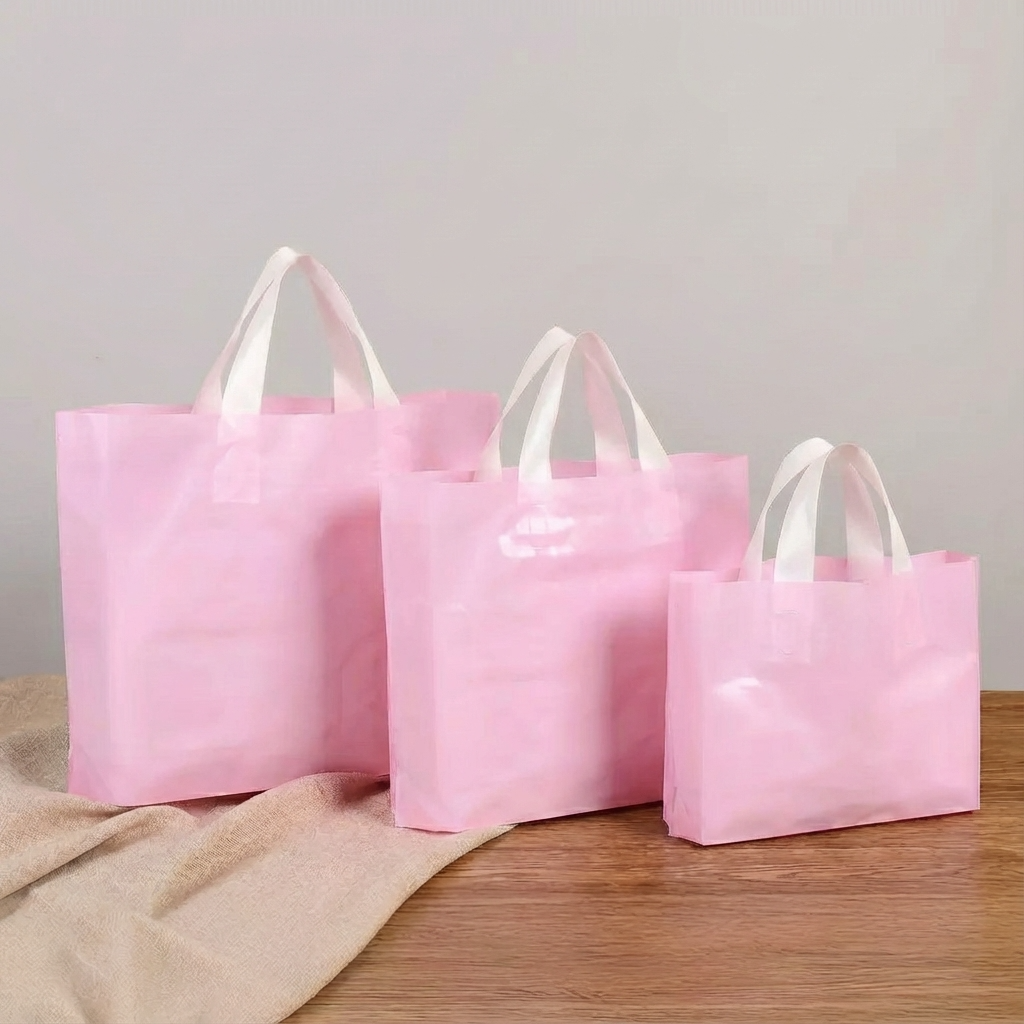 50pcs, 3 sizes light Pink PVC gift bag with white handle: Medium