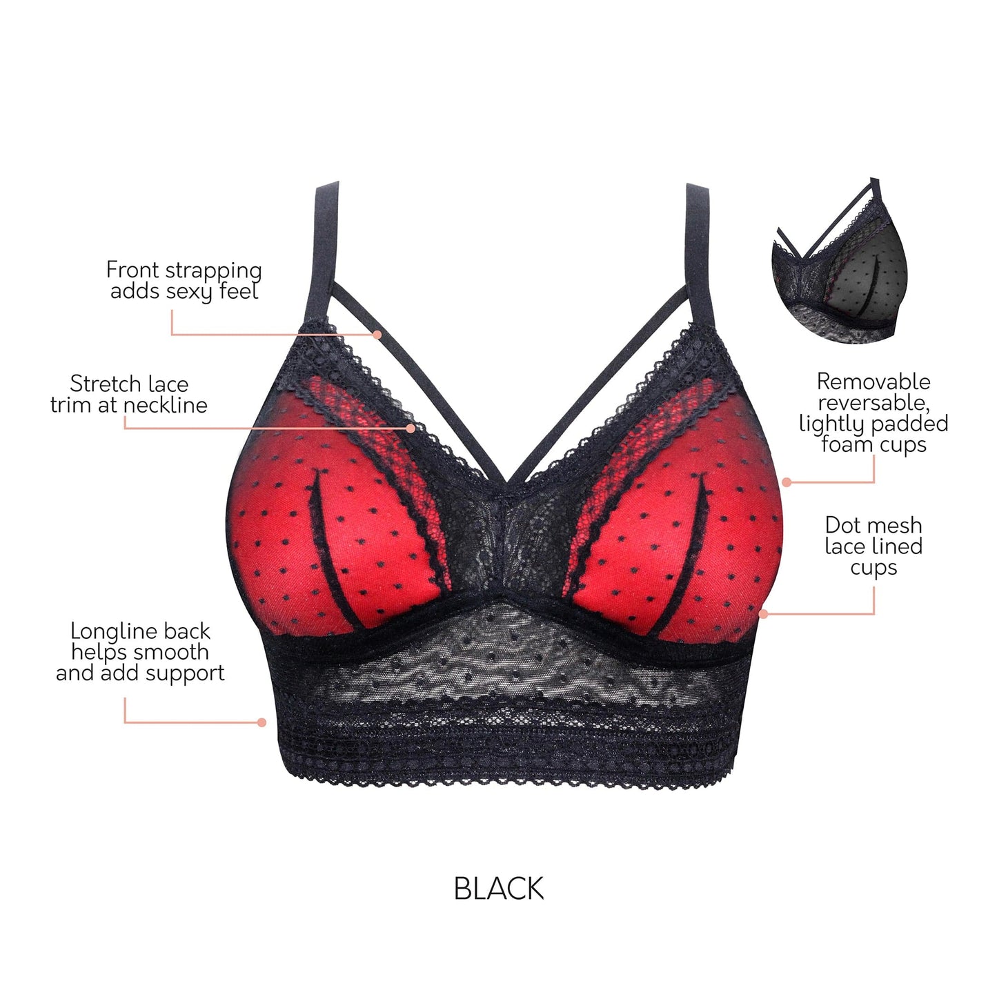 PARFAIT MIA DOT WIRE-FREE PADDED MESH BRALETTE BLACK