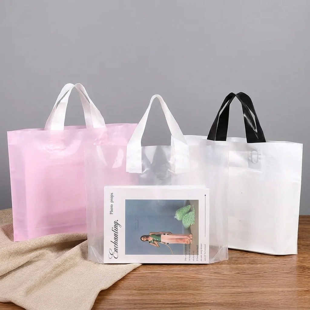 50pcs, 3 sizes light Pink PVC gift bag with white handle: Medium