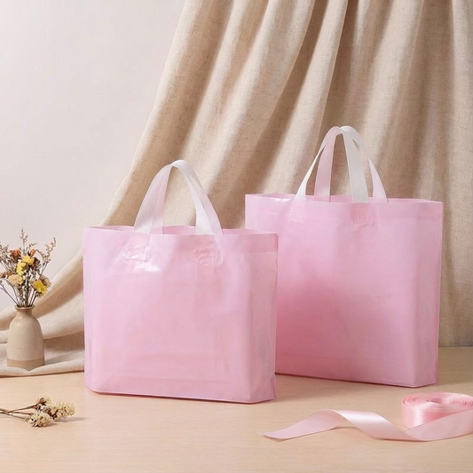 50pcs, 3 sizes light Pink PVC gift bag with white handle: Medium